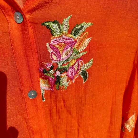 Figueroae & Flower a beautiful color Orange Floral embroidery Button Down Shirt - Picture 6 of 9
